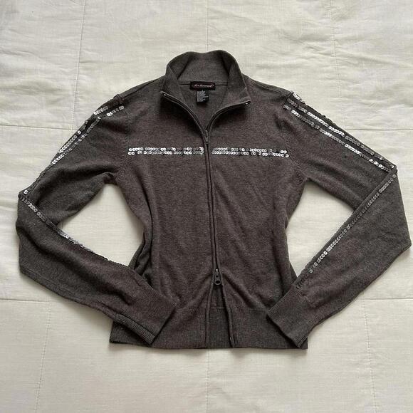 Y2K Takeout Grey and silver sequin zip-up sweater Double zip with funnel neck - Picture 1 of 7